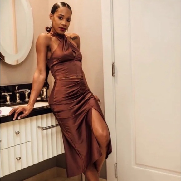 Abercrombie & Fitch Satin Cinched Midi Skirt & Cutout Halter Top - Picture 2 of 6